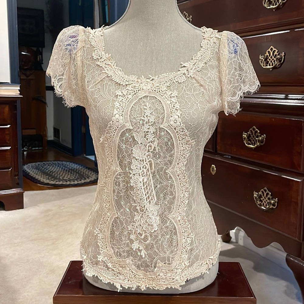Anthropologie Fei size 4 nude lace sequin blouse